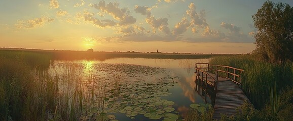 Beautiful summer landscape with a wooden jetty on the lake at sunset, a panorama of lily pads and reeds in the foreground, a wooden boat near the pier, a stunning sky with dramatic clouds over the for