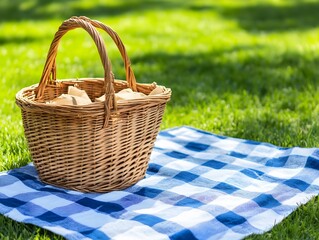 Summer Picnic Basket on Gingham Blanket in Grass