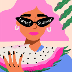 Portrait of woman with pink hair and dragon fruit. Fashion model girl in sunglasses with the inscription Sweet Summer. Summer sale banner concept or flyer in tropical style. Vector illustration.