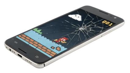 A modern smartphone with a cracked screen displaying a retro video game, isolated on a transparent background