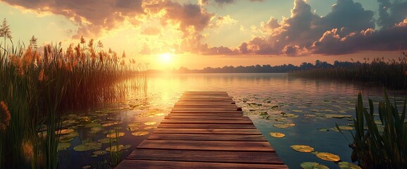 Beautiful summer landscape with a wooden jetty on the lake at sunset, a panorama of lily pads and reeds in the foreground, a wooden boat near the pier, a stunning sky with dramatic clouds over the for