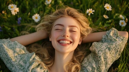 A joyful woman rests in a field of flowers.