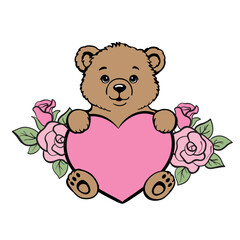 Cute teddy bear holding a heart surrounded by flowers roses, hand drawn vector illustration. Perfect for Valentine's Day, baby shower cards, coloring pages, romantic and love designs.