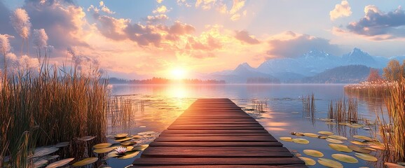 Beautiful summer landscape with a wooden jetty on the lake at sunset, a panorama of lily pads and reeds in the foreground, a wooden boat near the pier, a stunning sky with dramatic clouds over the for