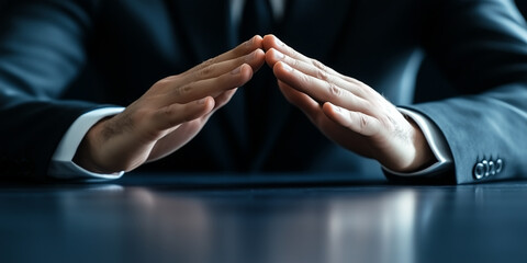 A businessman's hands form a steeple or roof shape on a desk, a gesture symbolizing structure, protection, focus, and confident thinking during a meeting