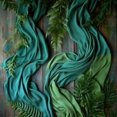 Elegant Teal and Green Silk Fabric Draped on Rustic Wood with Ferns
