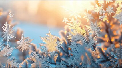 Vibrant contrast scene showing frost-covered glass etched with fine ice patterns, with warm sunrise beams penetrating cold winter interior space - Powered by Adobe