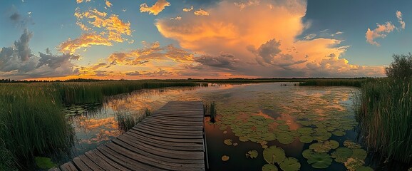 Beautiful summer landscape with a wooden jetty on the lake at sunset, a panorama of lily pads and reeds in the foreground, a wooden boat near the pier, a stunning sky with dramatic clouds over the for