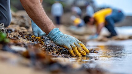 Volunteers wearing gloves clean a shoreline, removing debris and pollution to protect the marine environment.
