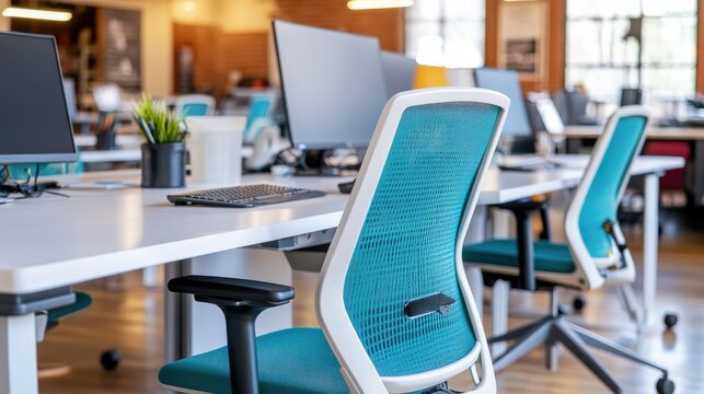 Teal office chairs and desks in a modern workspace.