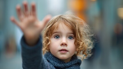A close-up portrait of a young child with curly hair and blue eyes reaching out their hand towards the camera.