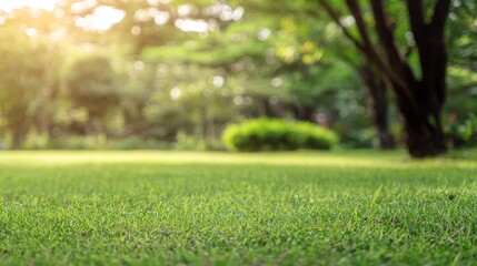 Naklejka premium Fresh green lawn in a garden or park under sunlight with home exterior view, showcasing natural landscaping, short trimmed grass, outdoor yard space, and beautiful serene landscape background