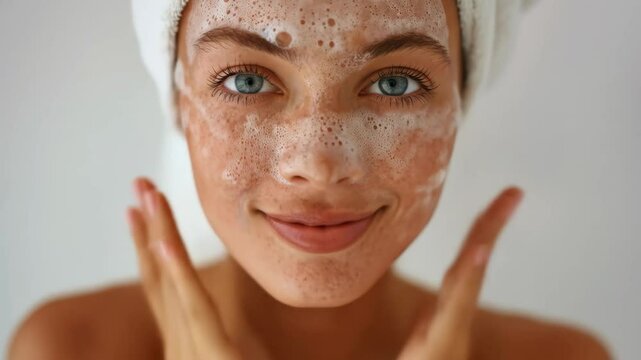 Woman with towel on head cleansing her face with foam. Happy female applying makeup remover or facial cleanser. Skincare.