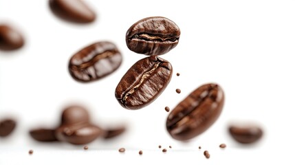 Close-Up Shot of Panoramic Coffee Bean Falling on White Background