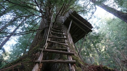 Wooden treehouse with ladder