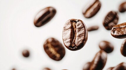 Close-Up Shot of Panoramic Coffee Bean Falling on White Background