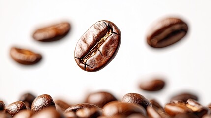 Close-Up Shot of Panoramic Coffee Bean Falling on White Background