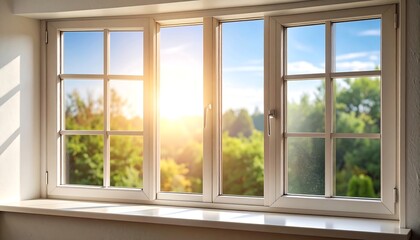 Sunny window view of lush greenery