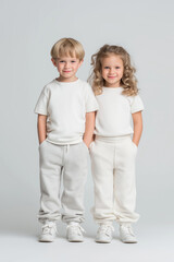 Professional promo photography, clothing marketplace mockup, European boy and girl around 4 years old standing side by side, smiling at the camera,