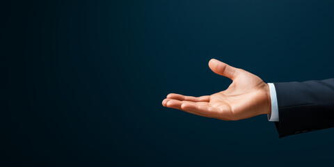 A businessman’s arm extends into the frame, with the hand open in a classic presentation gesture, as if showcasing a product, text, or a key visual element