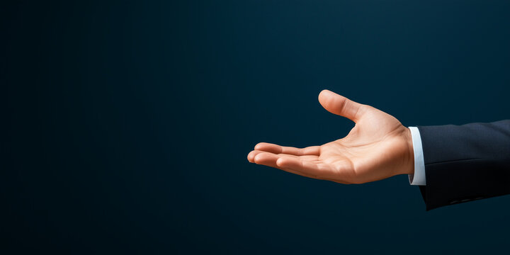 A businessman’s arm extends into the frame, with the hand open in a classic presentation gesture, as if showcasing a product, text, or a key visual element - Powered by Adobe