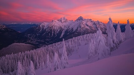 Snow-covered mountain peaks at sunset.