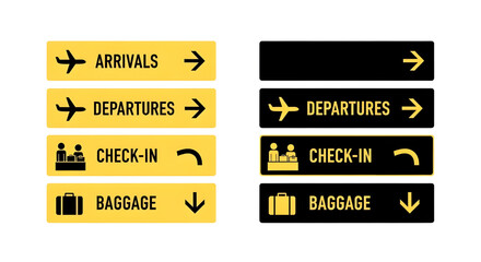 Fototapeta premium Flat Airport Wayfinding Signs Vector Icon Set. Arrivals, Departures, Check-in, Baggage Symbols. isolated PNG with Transparent Background