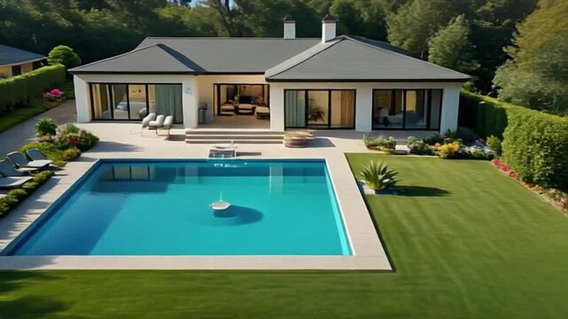 Stunning aerial view of a modern family villa showcasing an open plan layout and a luxurious saltwater pool perfect for architectural design inspiration.