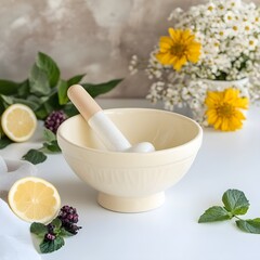 Pastel Yellow Ceramic Mortar Pestle with Lemons and Herbs