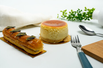 cheesecake concept and props in white studio background