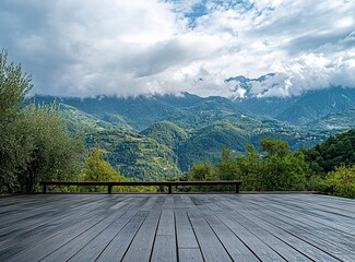 Beautiful, winding asphalt road in the green forest with mountains and clouds in the background, northern Italy. A scenic highway for car travel through the natural landscape of the Alps. Restaurant C