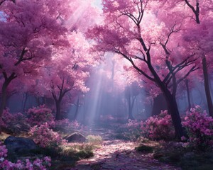 Enchanted Pink Sakura Forest Sunlight Dappled Path