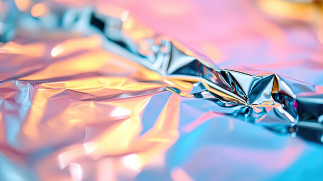 Soft pastel hues reflecting on a holographic foil background  - Powered by Adobe