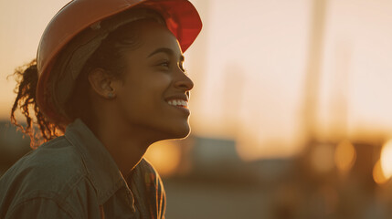 Side profile of a black foreman builder woman at construction site. African female apprentice builder working on apprenticeship training scheme. Inspiring young woman, international women's day	
