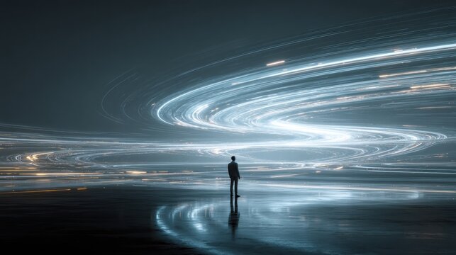 Man contemplating abstract light trails