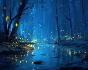Mystical Blue Forest Twinkling Fireflies and Night Stream