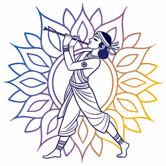 Lord Krishna & Radha Devi with flute Vector line art illustrations