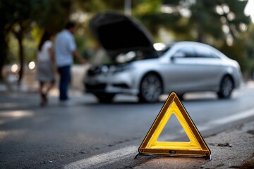 A triangular warning sign is displayed prominently on the road as two people examine a car with an open hood, capturing the essence of unexpected challenges while traveling.