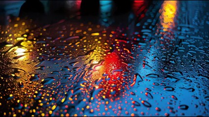 Dynamic cityscape at night showcasing the interplay of raindrop motion blur and neon light reflections on wet asphalt, creating a vibrant cinematic streetscape impression - Powered by Adobe
