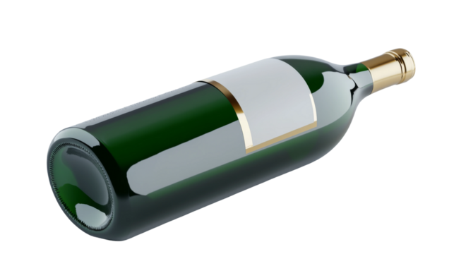 Green wine bottle with a blank label and gold cap lies horizontally on a transparent background.