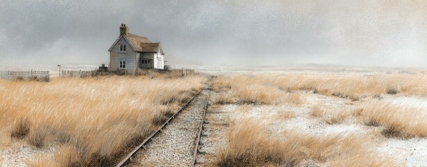 Fototapeta premium Cottage at Dungeness in Kent Abandoned house by overgrown railway tracks.