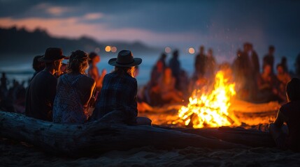 A group of people sitting on logs around a campfire at dusk on a beach, enjoying a warm gathering with a scenic ocean backdrop.