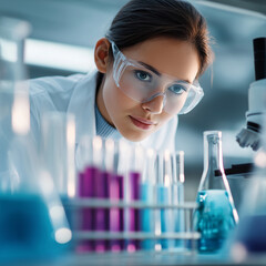 female scientist working in modern laboratory with test tubes, focus on face, clean bright environment

