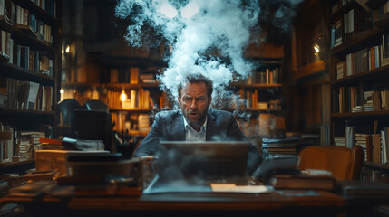 Stressful moment in a library with a man overwhelmed by work deadlines