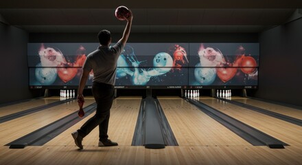 Bowling alley scene, man celebrating a strike