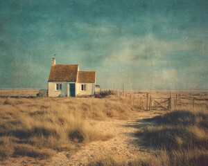 Cottage at Dungeness in Kent Vintage house in a tranquil landscape setting.