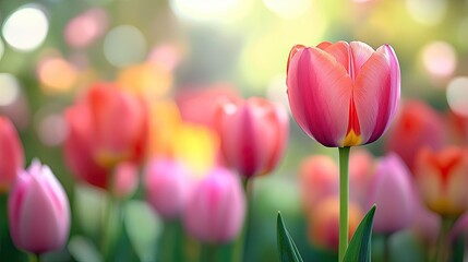 Close-Up Tulip Flower Bloom with Blurry Tulips in Spring Garden