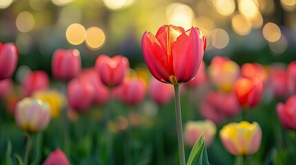 Close-Up Tulip Flower Bloom with Blurry Tulips in Spring Garden