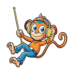 Obraz premium Cartoon monkey with headphones, swinging from a rope