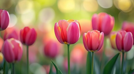 Close-Up Tulip Flower Bloom with Blurry Tulips in Spring Garden